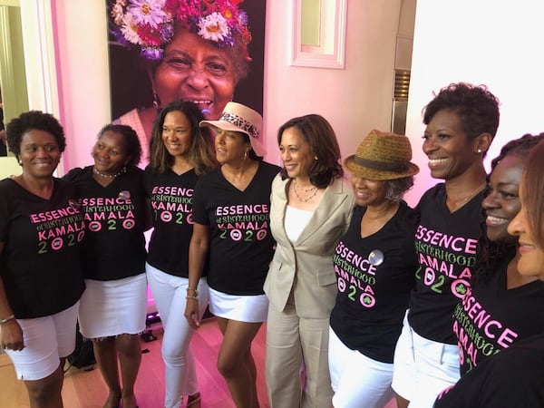 Kamala Harris was greeted by her sorority line sisters at the 2019 Essence Festival. Members of the 1986 line often travel across the country to support Harris. They are wearing pink and green Essence shirts supporting her original  2020 presidential campaign.