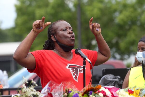 Atlanta City Councilwoman Joyce Sheperd speaks to the crowd gathered at the Wendy's on University Avenue on June 14, 2020. Protesters had set fire to the Atlanta Wendy's where Rayshard Brooks, a 27-year-old black man, was shot and killed by Atlanta police during a struggle in a Wendy's drive-thru line. (Steve Schaefer for The Atlanta Journal-Constitution)