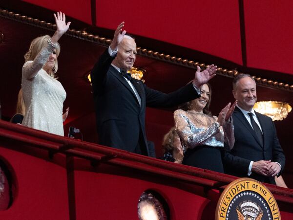 (Left to right): First lady Jill Biden, President Joe Biden, Vice President Kamala Harris and second gentleman Doug Emhoff greet the crowd at the Kennedy Center Honors in Washington on Sunday.