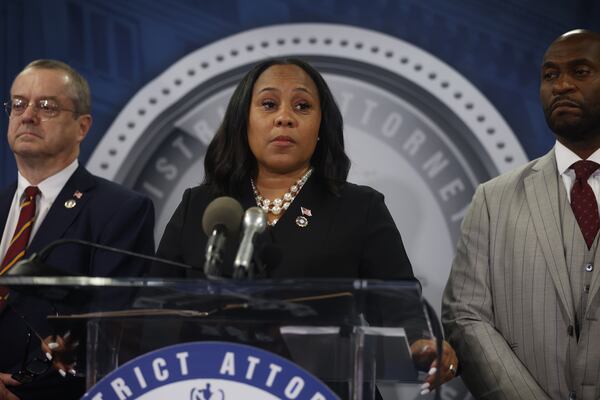 Atlanta DA Fani Willis answers questions for the press after the indictment of former President Trump and 18 others at Fulton County Courthouse on Monday, August 14, 2023 in Atlanta. (Michael Blackshire/Michael.blackshire@ajc.com)