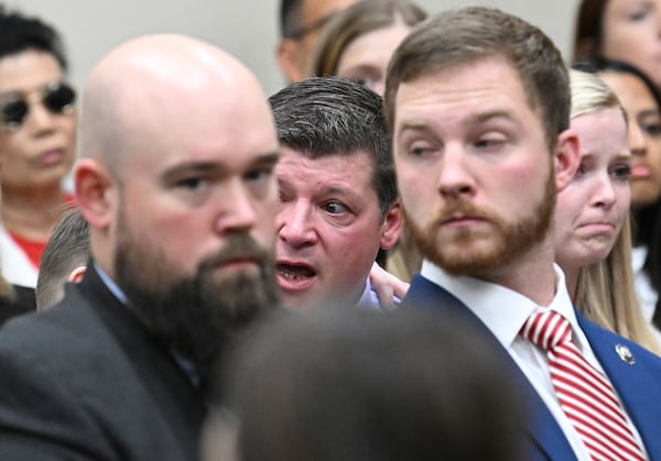 Jason Riley, father of Laken Riley, reacts as Superior Court Judge H. Patrick Haggard announces the verdict during a trial of Jose Ibarra at Athens-Clarke County Superior Court, Wednesday, Nov. 20, 2024, in Athens, Ga. (Hyosub Shin/Atlanta Journal-Constitution via AP, Pool)