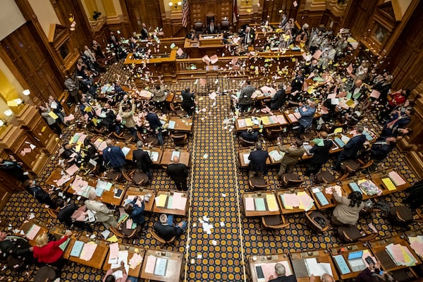 Georgia senators throw paper in the air in June as the 2020 legislative session came to an end. Every seat in the General Assembly is up for election in November. (ALYSSA POINTER / ALYSSA.POINTER@AJC.COM)