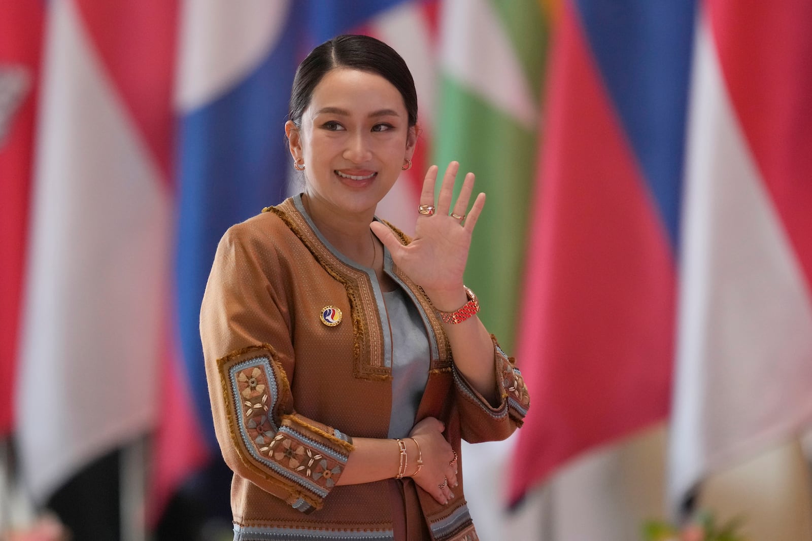 Thailand's Prime Minister Paetongtarn Shinawatra arrives to participate in ASEAN-China summit in Vientiane, Laos, Thursday, Oct. 10, 2024. (AP Photo/Sakchai Lalit)