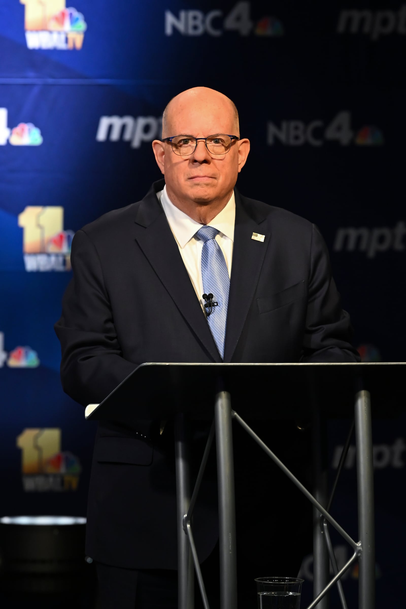 In this photo provided by Maryland Public Television, U.S. Senate in Maryland candidate Republican Larry Hogan speaks during a debate against fellow-candidate, Democrat Angela Alsobrooks at Maryland Public Television in Owings Mills, Md., Thursday, Oct. 10, 2024. (Michael Ciesielski Photography/Maryland Public Television via AP)