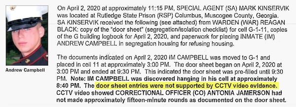 Andrew Campbell, a Marine veteran who suffered from PTSD, hanged himself just hours after he was placed in segregation at Rutledge State Prison. When his body was found on April 2, 2020, the check-in log on his cell door had obviously been falsified with scheduled checks confirmed in advance.