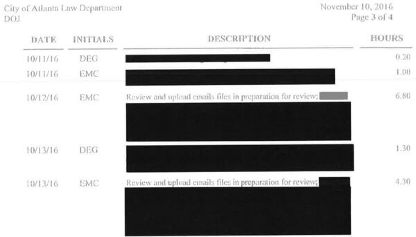 Invoices for outside legal work associated with the federal bribery investigation at Atlanta City Hall included numerous redactions, such as those pictured here.