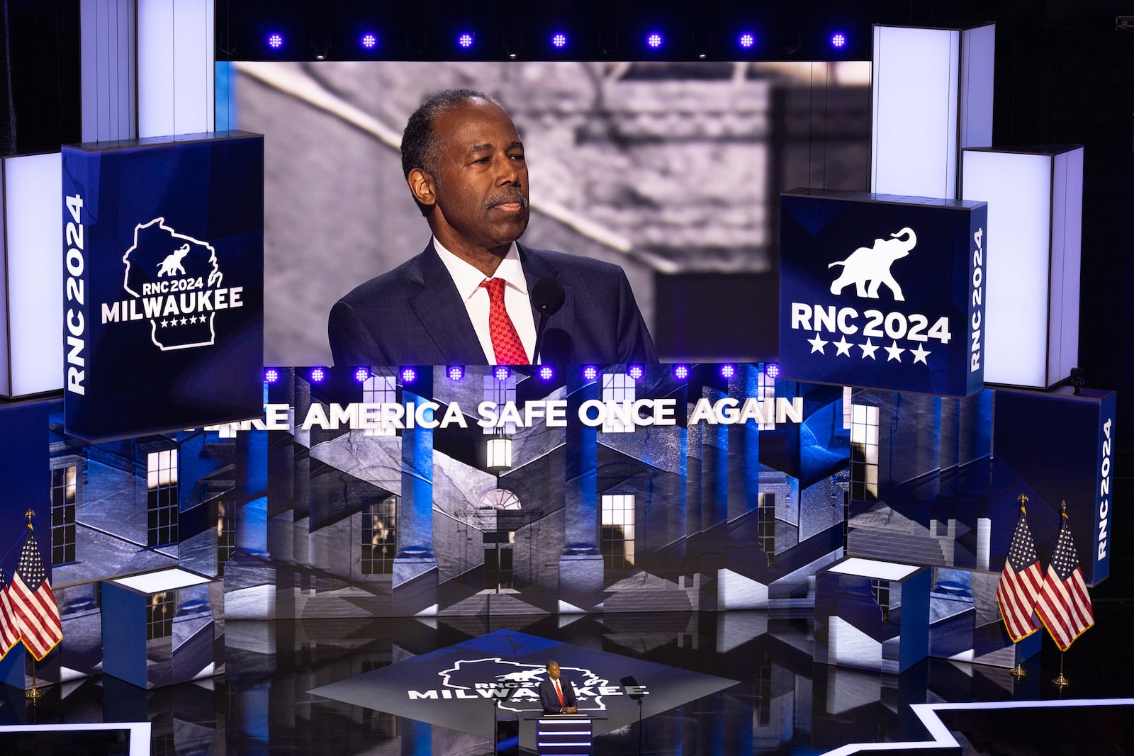 Former U.S. Secretary of Housing and Urban Development Ben Carson speaks at Fiserv Forum in Milwaukee on Tuesday, July 16, 2024, the second day of the Republican National Convention. (Arvin Temkar / AJC)