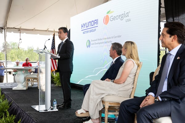 ELLABELL, GEORGIA - MAY 20, 2022: Hyundai Motor Group President and CEO Jae Hoon Chang speaks to during the announcement that the South Korean automotive giant is building an electric vehicle plant in Ellabell, Ga. It is the second major electric vehicle factory announcement in Georgia since December as state economic development officials try to turn the Peach State into an important manufacturing hub for battery-powered automobiles. (AJC Photo/Stephen B. Morton)

