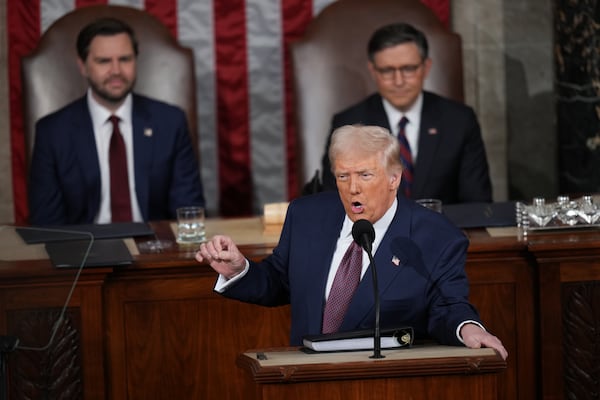 President Donald Trump delivers an address to a joint session of Congress at the Capitol in Washington, March 4, 2025. The president repeated familiar exaggerations and falsehoods about the economy, the Department of Government Efficiency initiative and tariffs. (Doug Mills/The New York Times)
                      