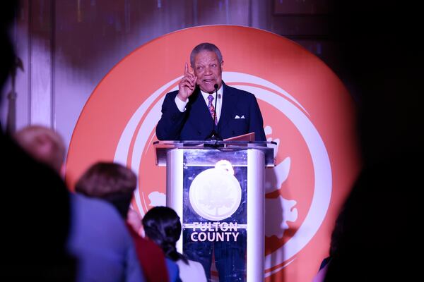 Fulton County Chairman Robb Pitts delivers the State of the County Address to guests and elected officials hosted by the Council for Quality Growth and Fulton County Government at the Flourish Atlanta on Wednesday, May 10, 2023.
Miguel Martinez /miguel.martinezjimenez@ajc.com