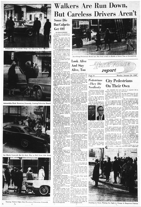 From the Atlanta Journal, January 16, 1967:  "if you're going to kill anybody here, pick a pedestrian." In 1966, 25 per cent of all traffic fatalities in Atlanta were pedestrians. In addition to the 27 dead, another 605 persons were Injured when struck by vehicles in the city. And by far the largest number of victims, by age fell in the 5-to-9-year-old range, the Journal reported.