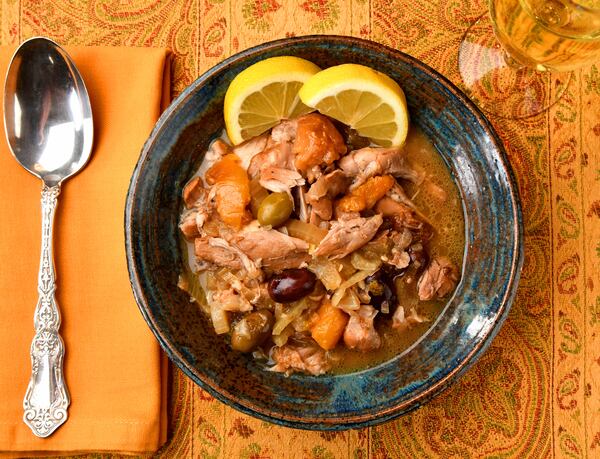 You can put a personal touch on Chicken Stew with Dried Fruit and Olives by going with your own choice of dried fruit and/or olives. (Styling by Cynthia Graubart / Chris Hunt for the AJC)