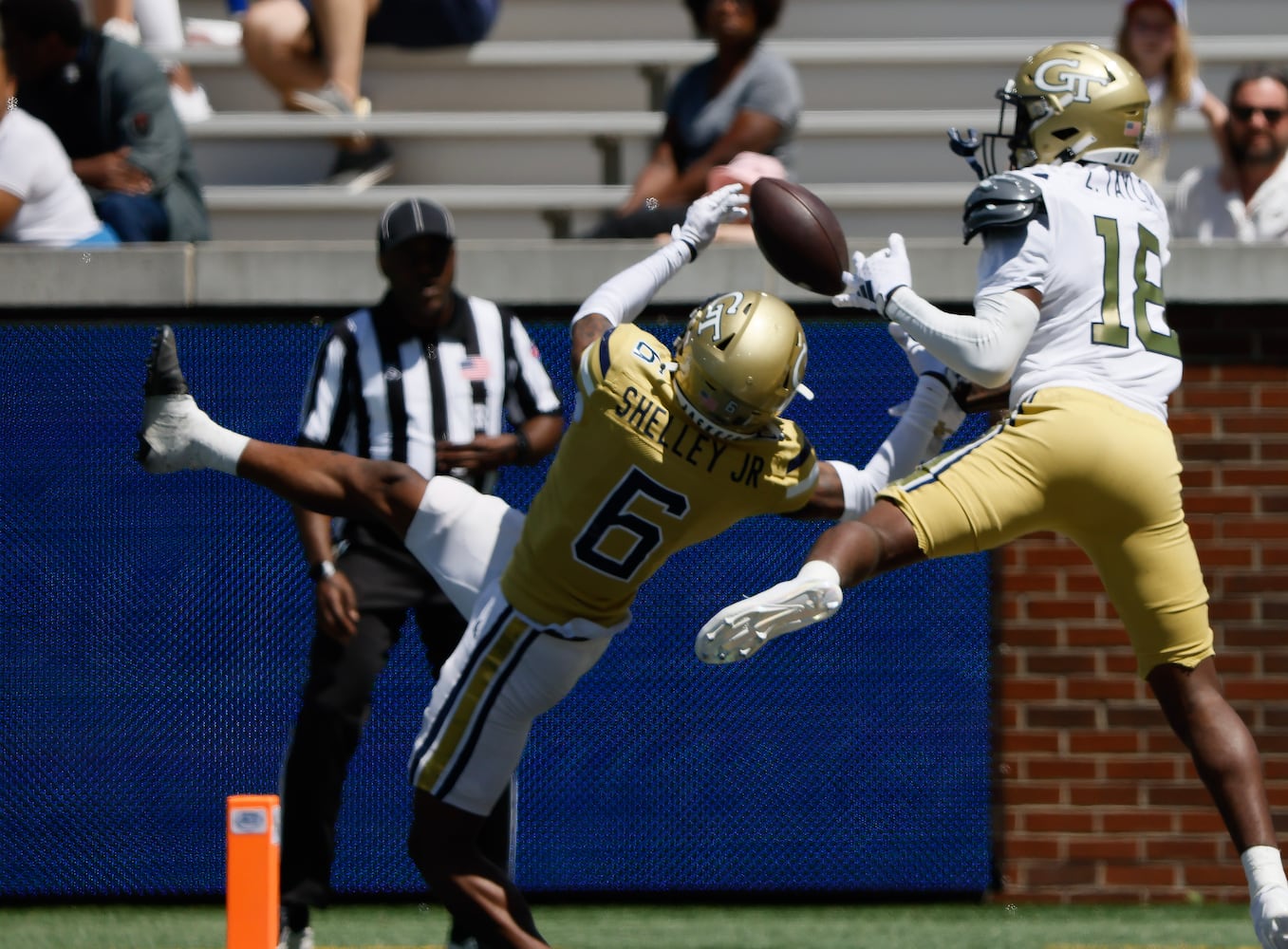 Georgia Tech defensive back Rodney Shelley (6) breaks up a pass intended for Georgia Tech wide receiver Zion Taylor (18) in the end zone during the Spring White and Gold game at Bobby Dodd Stadium at Hyundai Field In Atlanta on Saturday, April 13, 2024.   (Bob Andres for the Atlanta Journal Constitution)