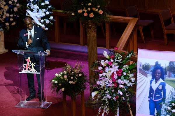 Georgia State Rep. William Bodie speaks at Gwinnett County Tax Commissioner Tiffany Porter’s funeral in Atlanta on Thursday, May 12, 2022. Porter, who died of cancer at 43, was the first Black tax commissioner in Gwinnett and previously the first Black judge in Duluth. (Arvin Temkar / arvin.temkar@ajc.com)