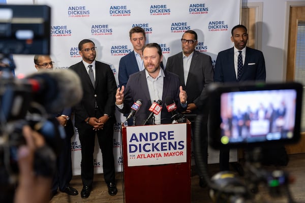 Jason Carter speaks in support of Mayor Andre Dickens during a news conference to kick off Dickens’ reelection campaign in Atlanta on Tuesday, March 11, 2025. (Arvin Temkar/AJC)