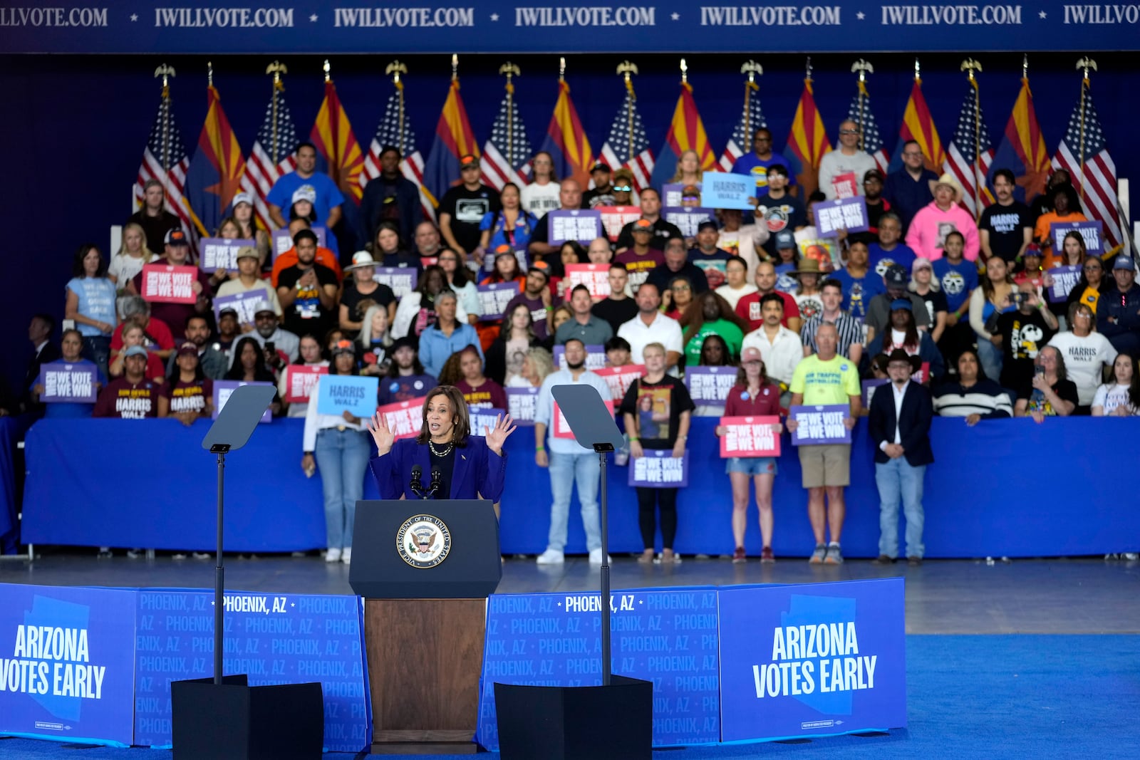 Democratic presidential nominee Vice President Kamala Harris speaks during a campaign event at Talking Stick Resort Amphitheatre, Thursday, Oct. 31, 2024, in Phoenix. (AP Photo/Matt York)