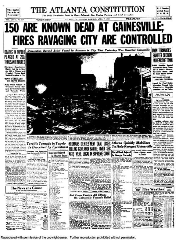 April 7, 1936 -- A day after Gainesville was decimated by two F4 tornadoes, the Constitution brought readers the grim news.