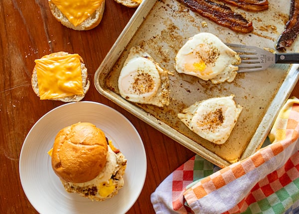 Sheet Pan Bacon, Egg and Cheese Sandwiches. (Aaliyah Man for The Atlanta Journal-Constitution / Food styling by Kate Williams)