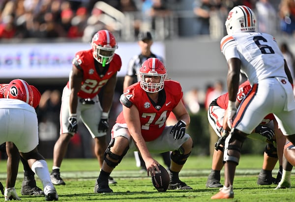 Georgia center Drew Bobo (74) prepares during the first half in an NCAA football game at Sanford Stadium, Saturday, October 5, 2024, in Athens. (Hyosub Shin / AJC)