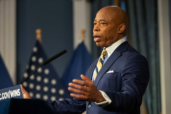 New York City Mayor Eric Adams speaks during a press conference at City Hall following meeting with the incoming border czar Tom Homan, Thursday, Dec. 12, 2024, in New York. (AP Photo/Yuki Iwamura)