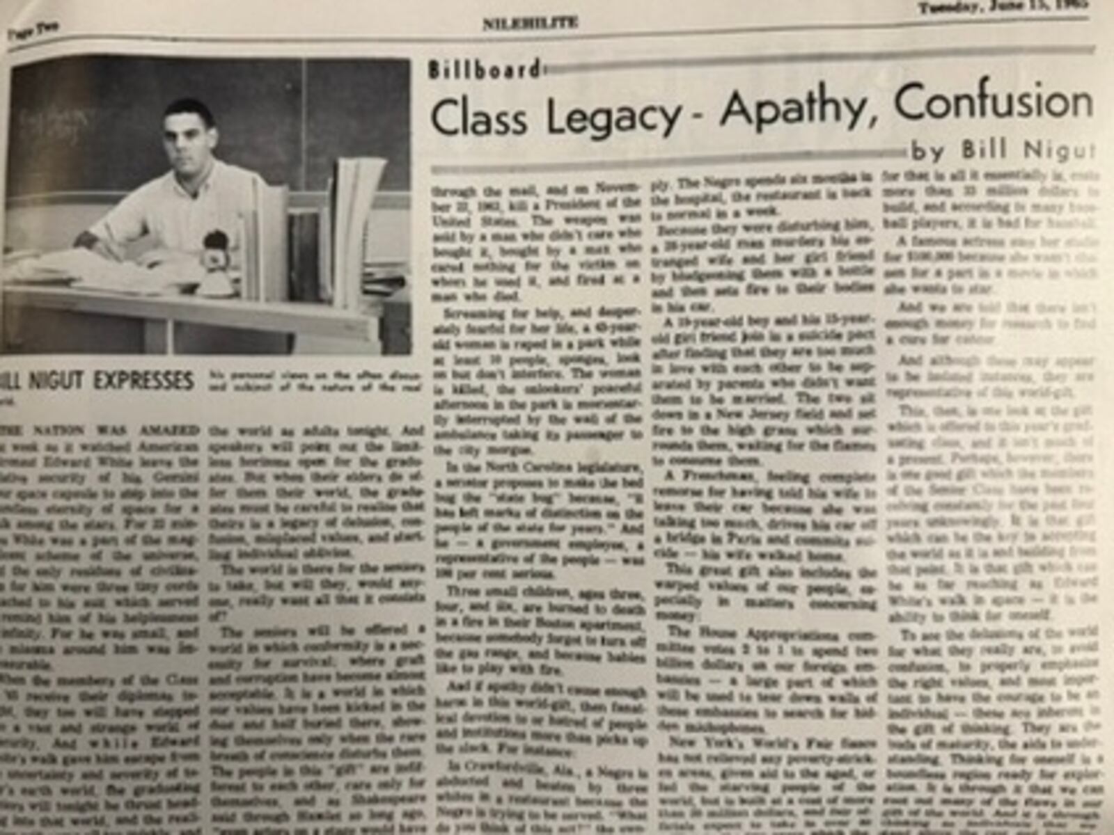 Bill Nigut's first exposure to the newspaper business — editor and columnist for his high school newspaper in Skokie, Illinois.