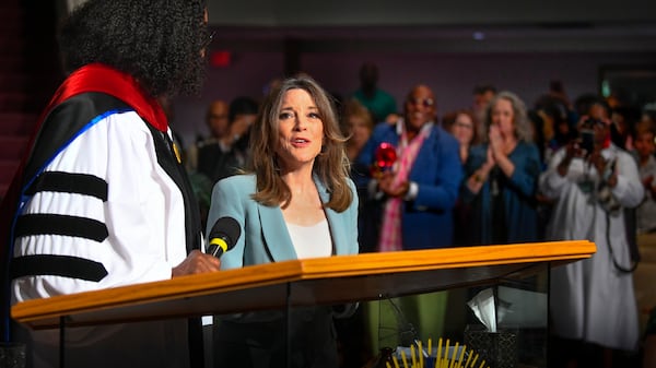 Democratic presidential candidate and author Marianne Williamson is introduced by Bishop Barbara L. King before delivering the sermon and signing books at Hillside International Truth Center in Atlanta on Sunday, September 1, 2019. Williamson is among a crowded field of Democratic candidates vying for the nation's top job. 