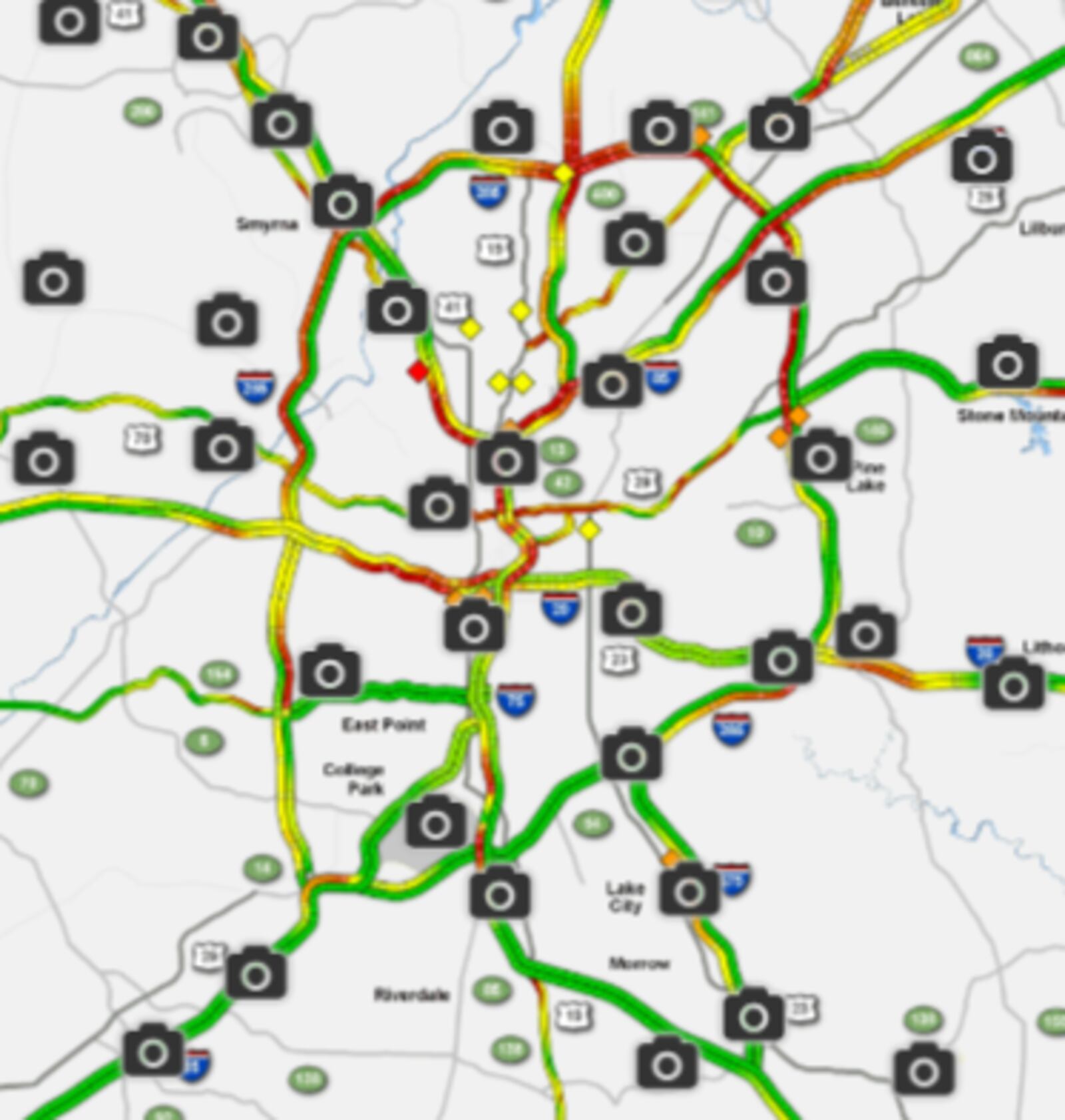 It’s 5 p.m., and the WSB 24-hour Traffic Center map looks pretty much the same as 2 p.m. when the storms were at their worst. This means interstates are still backed up.