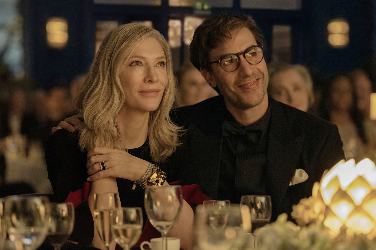 This image released by Apple TV+ shows Cate Blanchett, left, and Sacha Baron Cohen in a scene from "Disclaimer." (Sanja Bucko/Apple TV+ via AP)