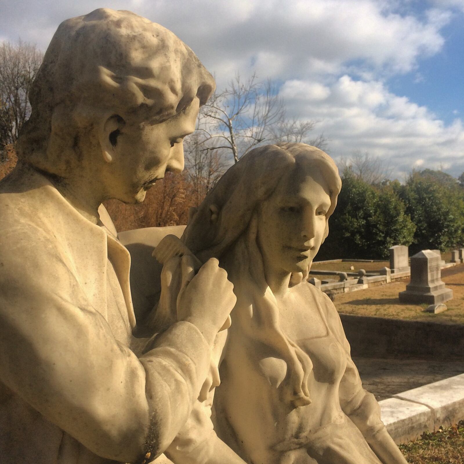 Martin Dawe sculpted this marker erected in 2006 by Gerald Fazzari in honor of his wife Deborah, who died at age 46 of breast cancer. It captures the couple’s ritual of Gerald combing his wife’s hair. File