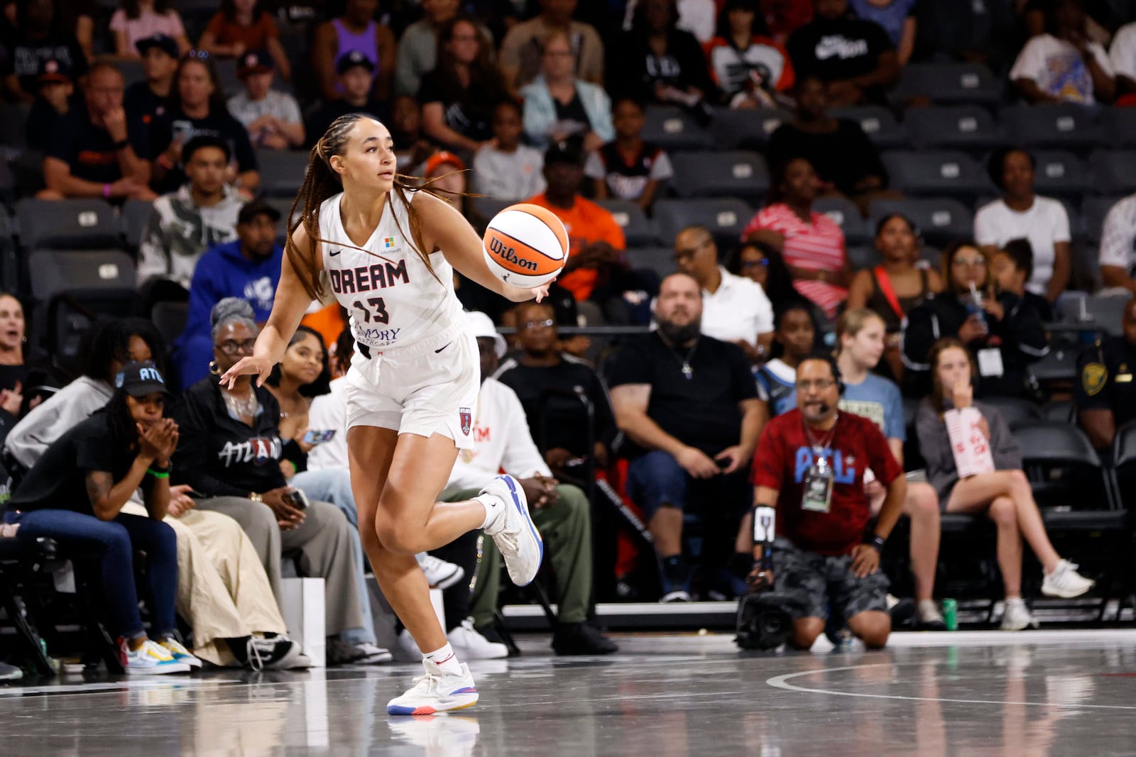 Atlanta Dream guard Haley Jones (13) stopped by the state Capitol on Feb. 7, 2024, to chat with legislators about increasing girls' participation in sports. (Miguel Martinez / miguel.martinezjimenez@ajc.com)