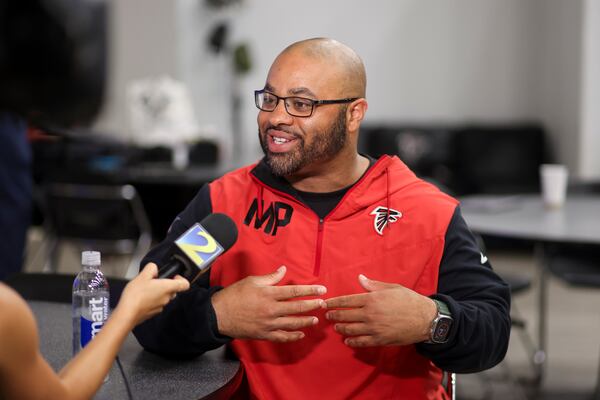 Atlanta Falcons running backs coach Michael Pitre talks during media availability during OTAs, Wednesday, June 5, 2024, in Flowery Branch, Ga. (Jason Getz / AJC)
