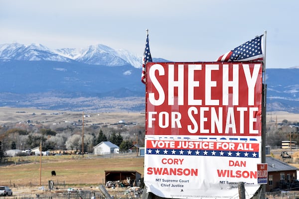 A sign for Republican Tim Sheehy's U.S. Senate campaign is seen along U.S. Interstate 90 on Nov. 1, 2024, near Whitehall, Mont. (AP Photo/Matthew Brown)