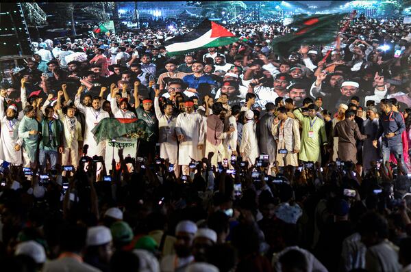 Hundreds of students gather to launch their new political party called the Jatiya Nagarik Party or National Citizen Party in Dhaka, Bangladesh, Friday, Feb. 28, 2025. (AP Photo/Mahmud Hossain Opu)