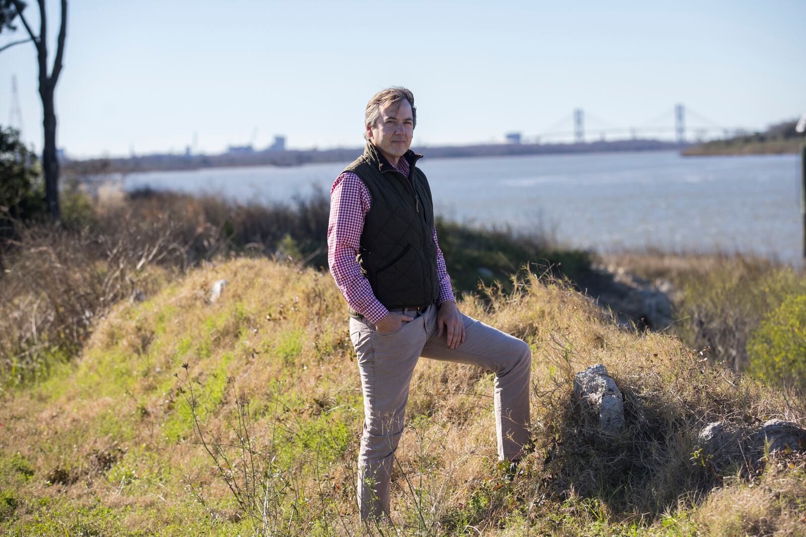 SAVANNAH: SeaPoint Industrial Marine Terminal owner Reed Dulany stands on the bank of the Savannah River on part of SeaPoint property that features more than a half-mile of riverfront. The proposed terminal sits more than five miles closer to the Atlantic Ocean than the Georgia Ports Authority terminals located west of downtown Savannah. (Stephen B. Morton for the AJC)