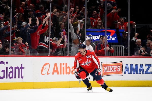 Washington Capitals left wing Alex Ovechkin celebrates after his goal during the second period of an NHL hockey game against the Edmonton Oilers, Sunday, Feb. 23, 2025, in Washington. (AP Photo/Nick Wass)