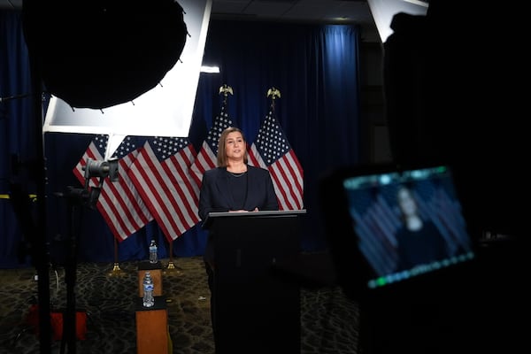 Sen. Elissa Slotkin, D-Mich., rehearses the Democratic response to President Donald Trump's address to a joint session of congress Tuesday, March 4, 2025, in Wyandotte, Mich. (AP Photo/Paul Sancya, Pool)