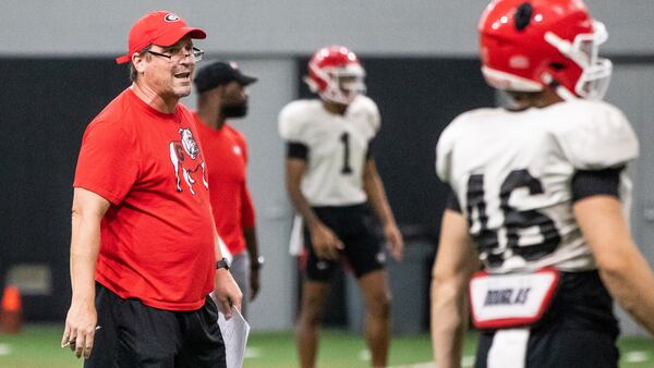 Georgia senior defensive analyst Will Muschamp assists during the Bulldogs’ practice session Monday, Aug. 9, 2021, in Athens. (Tony Walsh/UGA)