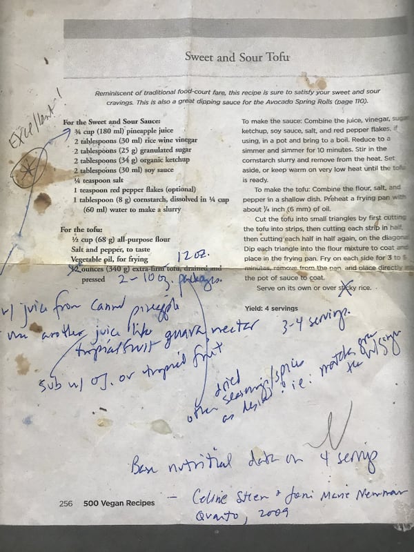 Our recipe for Sweet and Sour Tofu is based on one in Celine Steen and Joni Marie Newman’s “500 Vegan Recipes” (Quarto, 2009). LIGAYA FIGUERAS / LIGAYA.FIGUERAS@AJC.COM