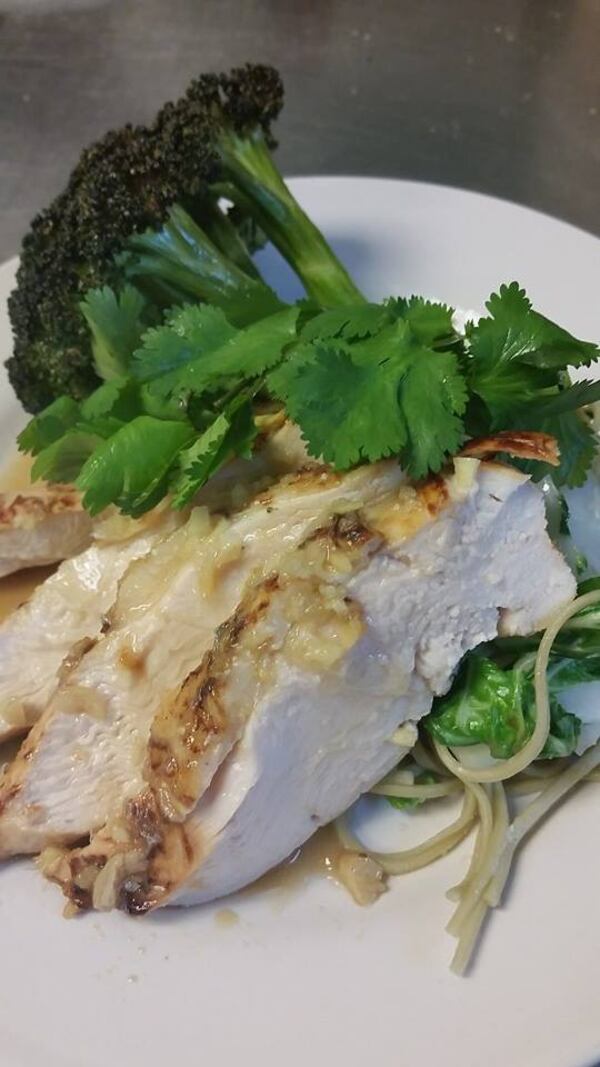 Thai ginger chicken with bok choy noodles and roasted broccoli