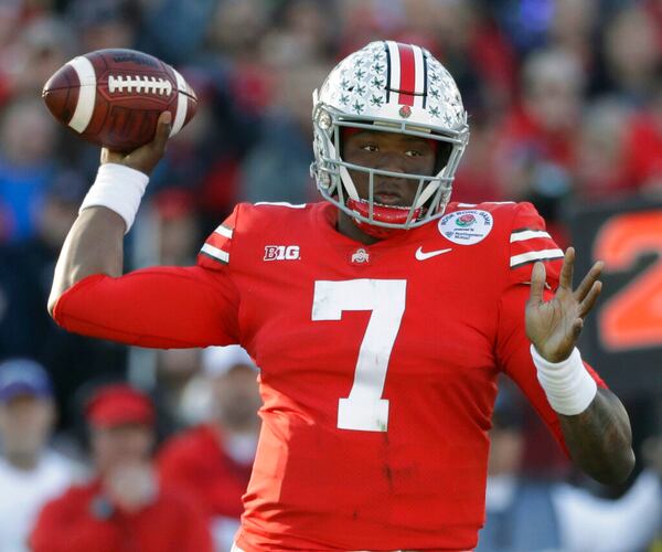 FILE - In this Jan. 1, 2019, file photo, Ohio State quarterback Dwayne Haskins passes during the first half of the Rose Bowl NCAA college football game against Washington, in Pasadena, Calif. (AP Photo/Jae C. Hong, File)