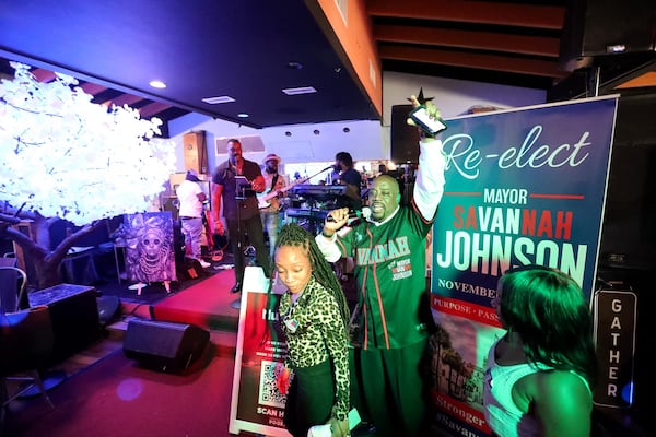 Savannah Mayor Van Johnson celebrates and thanks supporters as a band performs during his re-election party on Tuesday, November 7, 2023 at Odyssey Lounge on Fairmont Avenue in Savannah.