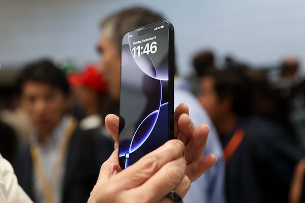 The new iPhone 16 is displayed during an announcement of new products at Apple headquarters on Monday, Sept. 9, 2024, in Cupertino, Calif. (Juliana Yamada/AP)