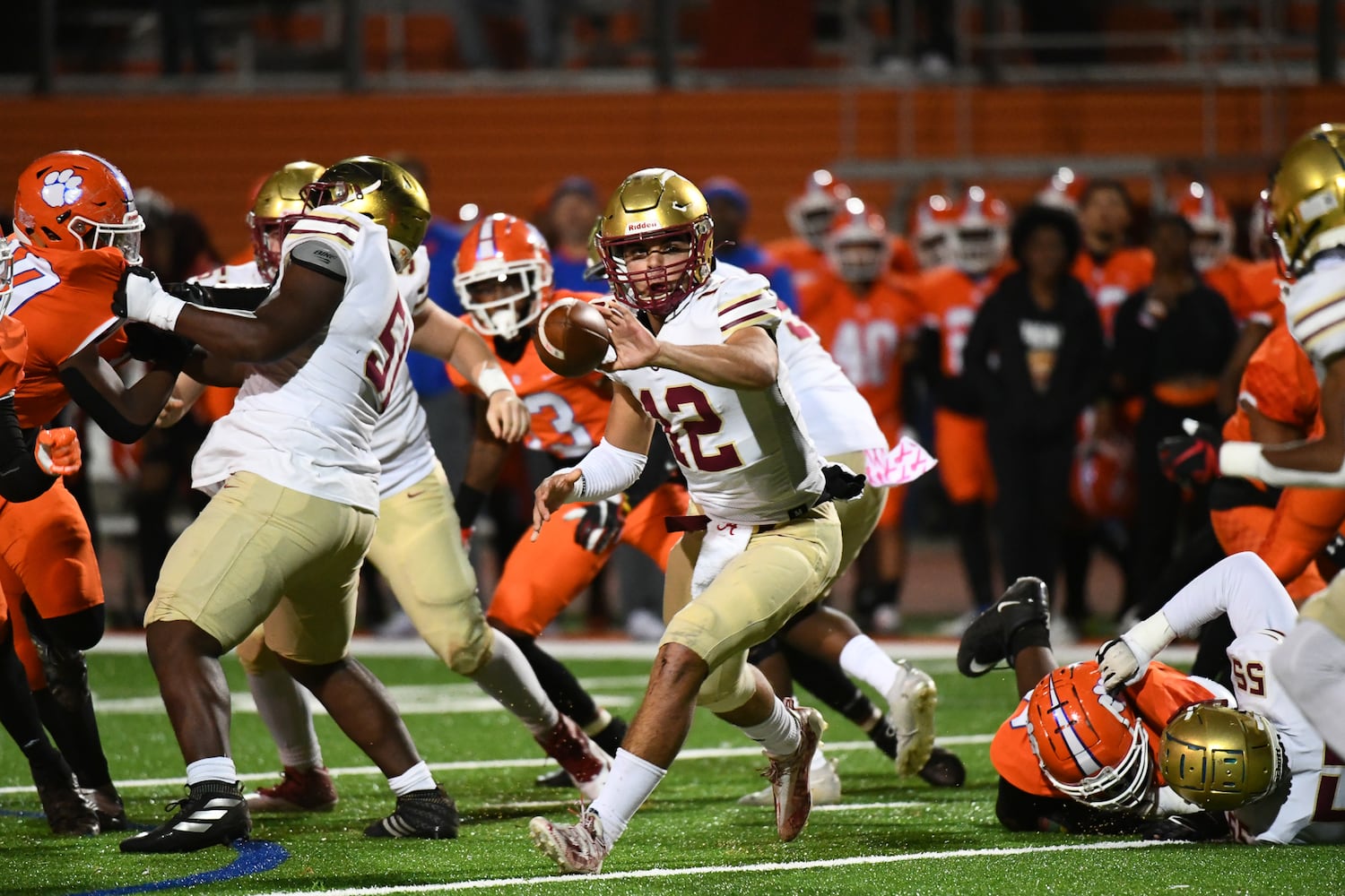 Dylan Lonergan, quarterback for Brookwood, throws a flea flicker at the Parkview vs. Brookwood High School Football game on Friday, Oct. 28, 2022, at Parkview High School in Lilburn, Georgia. (Jamie Spaar for the Atlanta Journal Constitution)