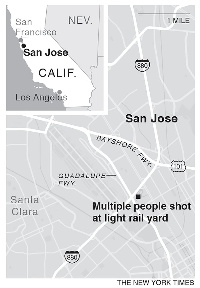 A municipal transit worker opened fire as the Wednesday morning shift was gathering for work at a San Jose rail yard, killing eight people in the latest of the mass shootings that have plagued the United States this year. -- 1.9 x 2.7 -- cat=a