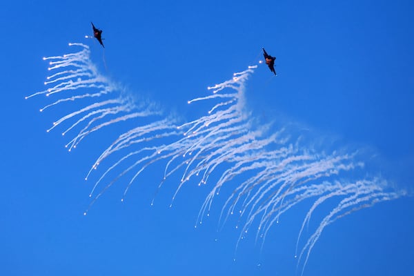 South Korean Air Force F-35A fighter jets fire flare shells during the joint military drill between South Korea and the United States at Seungjin Fire Training Field in Pocheon, South Korea, Thursday, March 6, 2025. (Yonhap via AP)