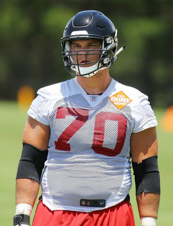 Falcons tackle Jake Matthews takes the line as the team opens a 3 day mini-camp open to the public on Tuesday, June 16, 2015, in Flowery Branch. Curtis Compton / ccompton@ajc.com