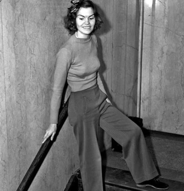  Kindergarten teacher Helen Hulick in the slacks that landed her in jail. (LA Times Archives.)