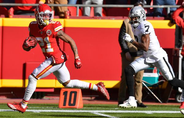 Kansas City Chiefs cornerback Mike Hughes recovers a Las Vegas Raiders fumble and returns it for a touchdown early in the first quarter on Sunday, Dec. 12, 2021 at Arrowhead Stadium in Kansas City. (Rich Sugg/The Kansas City Star/TNS)