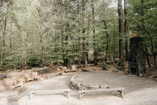 The grounds at the Dunwoody Nature Center include space for outdoor meetings, programs and sitting around a fireplace. and play in nature at the Dunwoody Nature Center. Courtesy of the Dunwoody Nature Center.