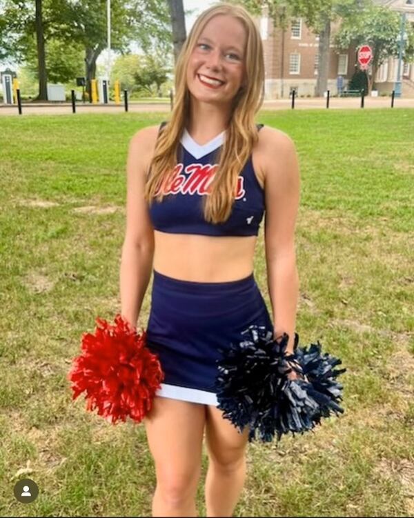 Peyton Rountree of Milton is a cheerleader for the Ole Miss Rebels for the 2024 football season. Her sister Reese is a cheerleader for the Georgia Bulldogs this season. Those teams will meet Nov. 9 in Oxford, Mississippi, with the sisters cheering on opposing sidelines. (Photo courtesy of Rountree family)